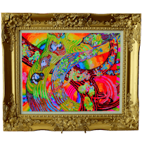 a colorful painting in a gold frame